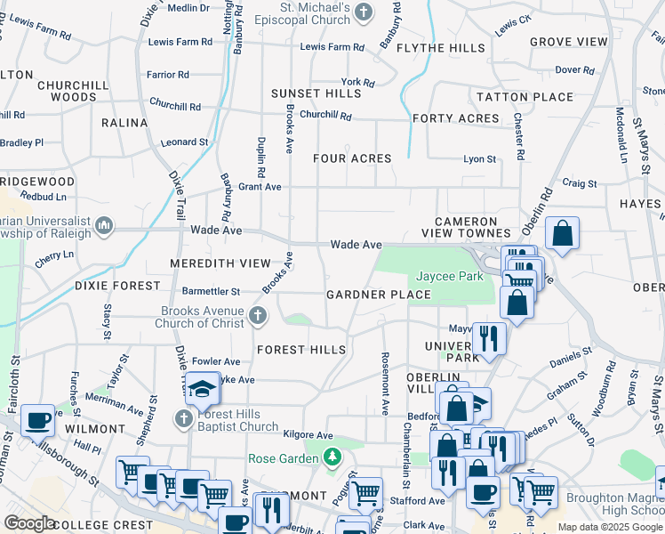 map of restaurants, bars, coffee shops, grocery stores, and more near 1012 Canterbury Road in Raleigh