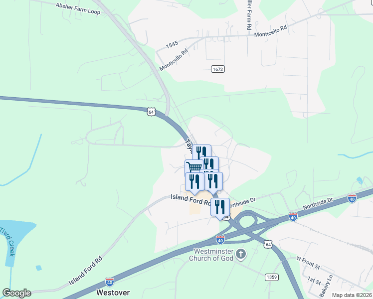 map of restaurants, bars, coffee shops, grocery stores, and more near 3321 Taylorsville Highway in Statesville