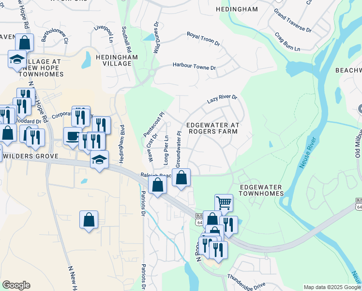 map of restaurants, bars, coffee shops, grocery stores, and more near 5001 Babbling Brook Drive in Raleigh