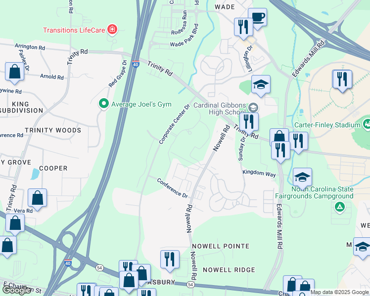 map of restaurants, bars, coffee shops, grocery stores, and more near 1100 Corporate Center Drive in Raleigh