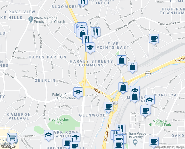 map of restaurants, bars, coffee shops, grocery stores, and more near 728 Nash Drive in Raleigh