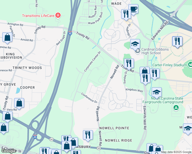map of restaurants, bars, coffee shops, grocery stores, and more near 1100 Corporate Center Drive in Raleigh