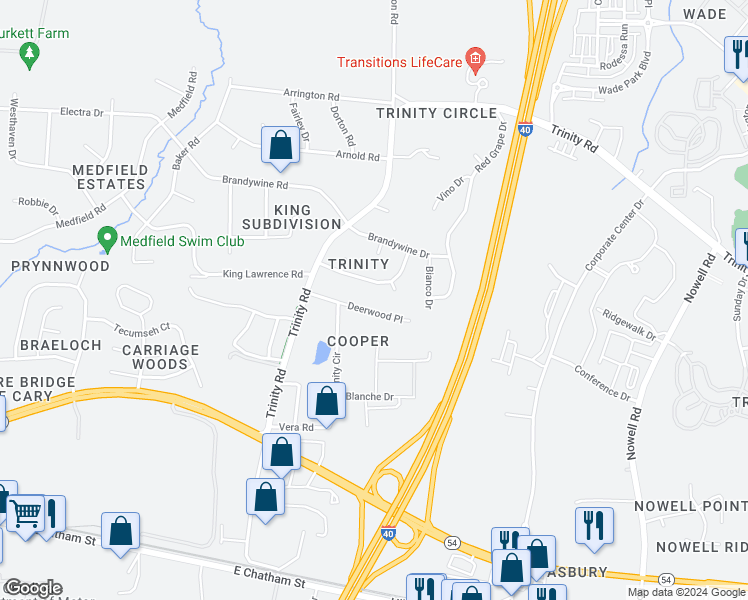 map of restaurants, bars, coffee shops, grocery stores, and more near 6202 Deerwood Place in Raleigh