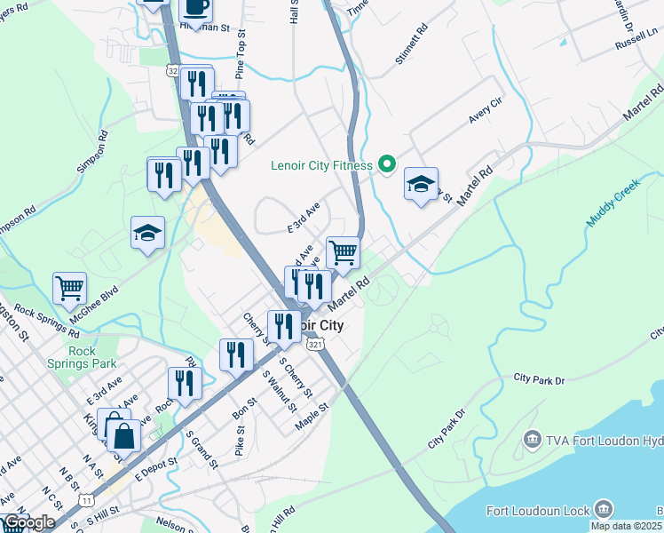 map of restaurants, bars, coffee shops, grocery stores, and more near 1207 East Broadway Street in Lenoir City