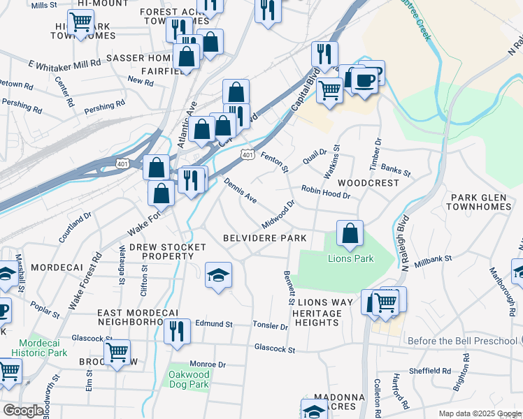 map of restaurants, bars, coffee shops, grocery stores, and more near 210 Dennis Avenue in Raleigh