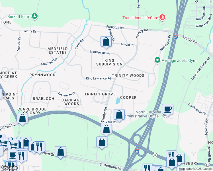 map of restaurants, bars, coffee shops, grocery stores, and more near 1431 Trinity Road in Raleigh