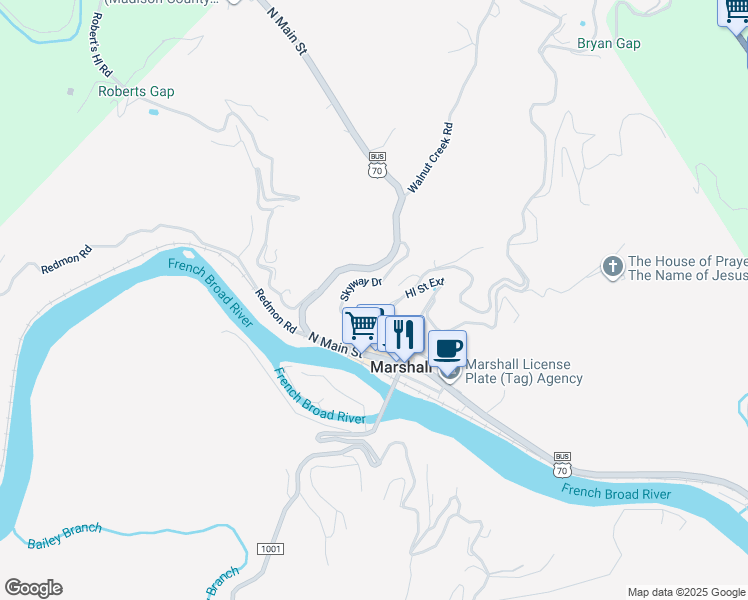 map of restaurants, bars, coffee shops, grocery stores, and more near Skyway Drive in Marshall