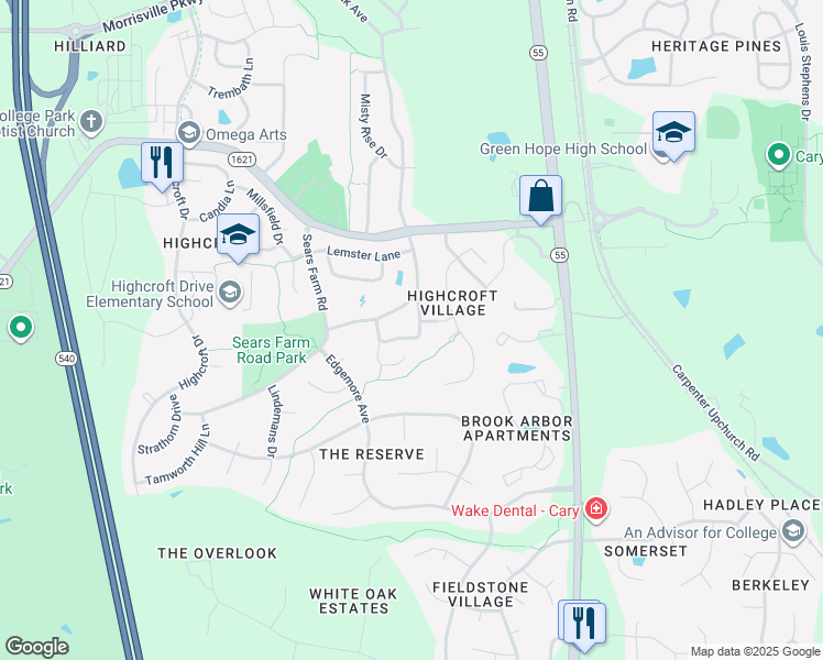 map of restaurants, bars, coffee shops, grocery stores, and more near 356 Jute Court in Cary