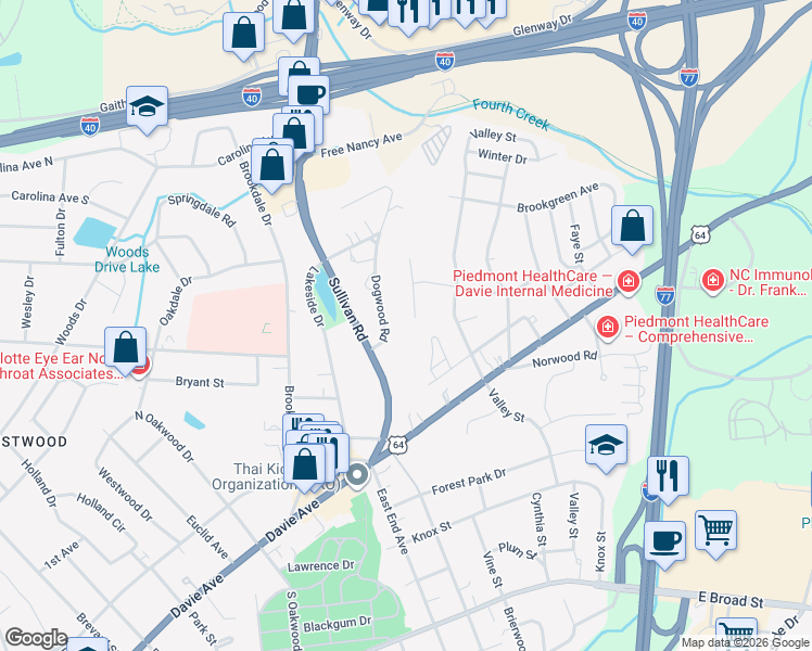 map of restaurants, bars, coffee shops, grocery stores, and more near 490 Sullivan Road in Statesville
