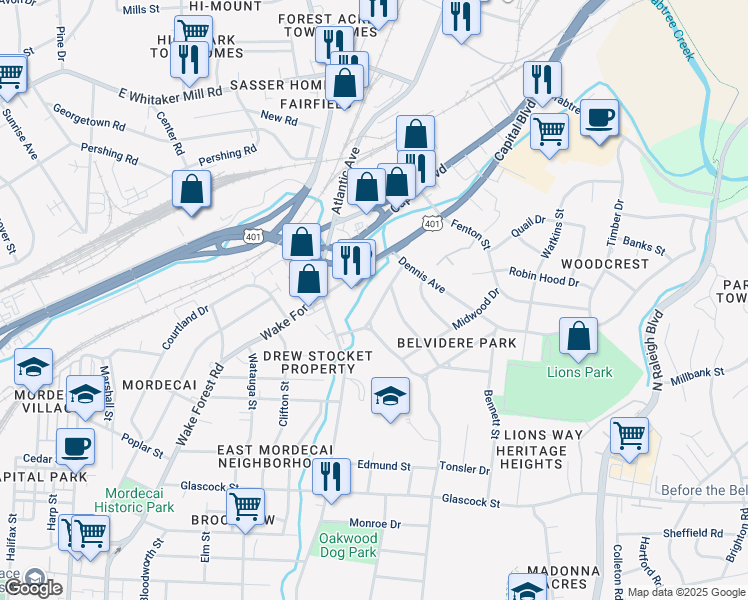 map of restaurants, bars, coffee shops, grocery stores, and more near 116 Plainview Avenue in Raleigh