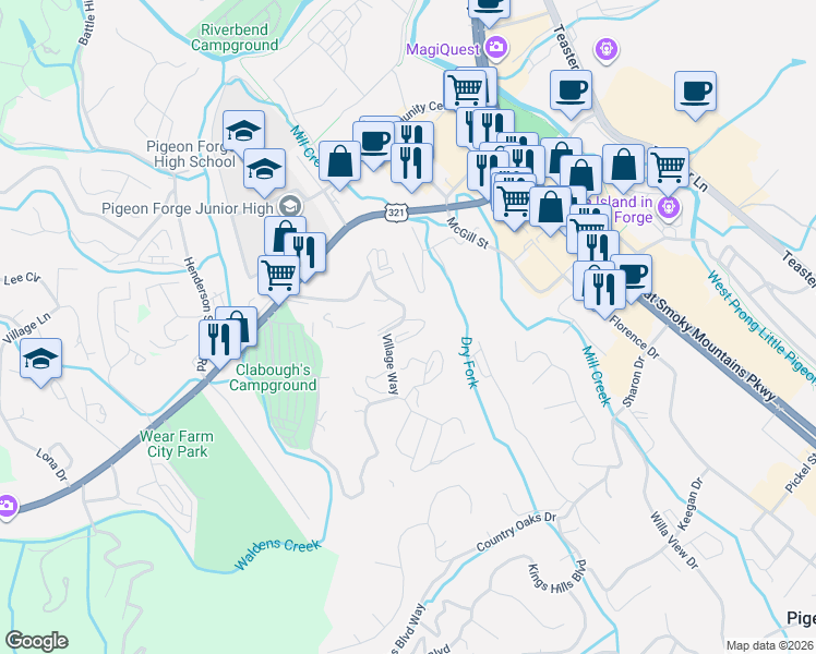map of restaurants, bars, coffee shops, grocery stores, and more near 313 Woodbridge Way in Pigeon Forge