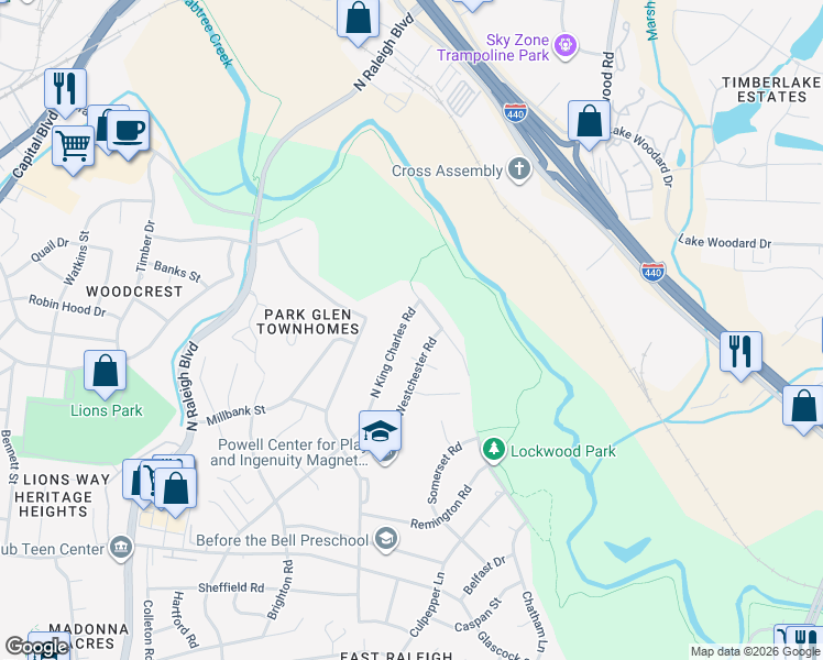 map of restaurants, bars, coffee shops, grocery stores, and more near 1524 Westchester Road in Raleigh