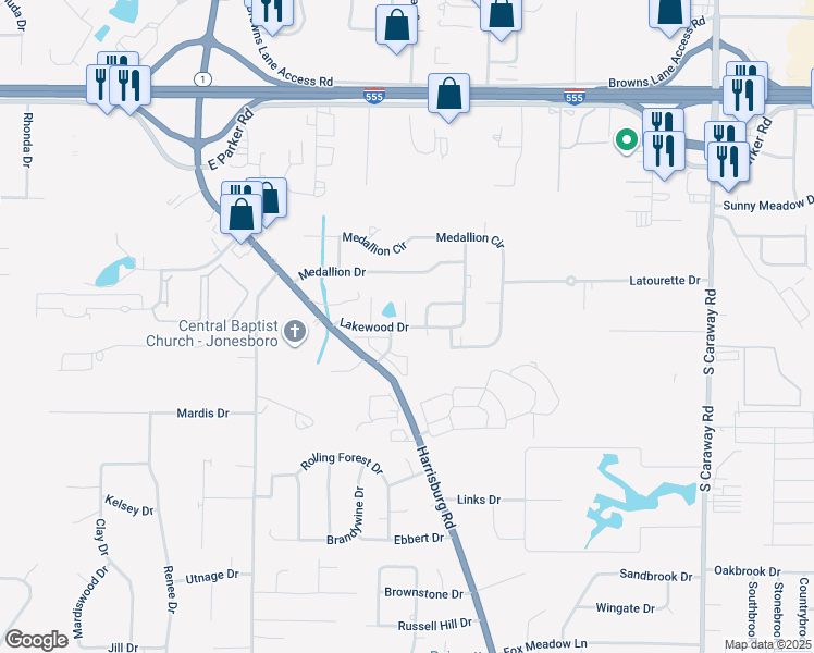 map of restaurants, bars, coffee shops, grocery stores, and more near 1317 Lakewood Drive in Jonesboro