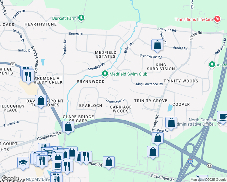 map of restaurants, bars, coffee shops, grocery stores, and more near 524 Carriage Woods Circle in Cary