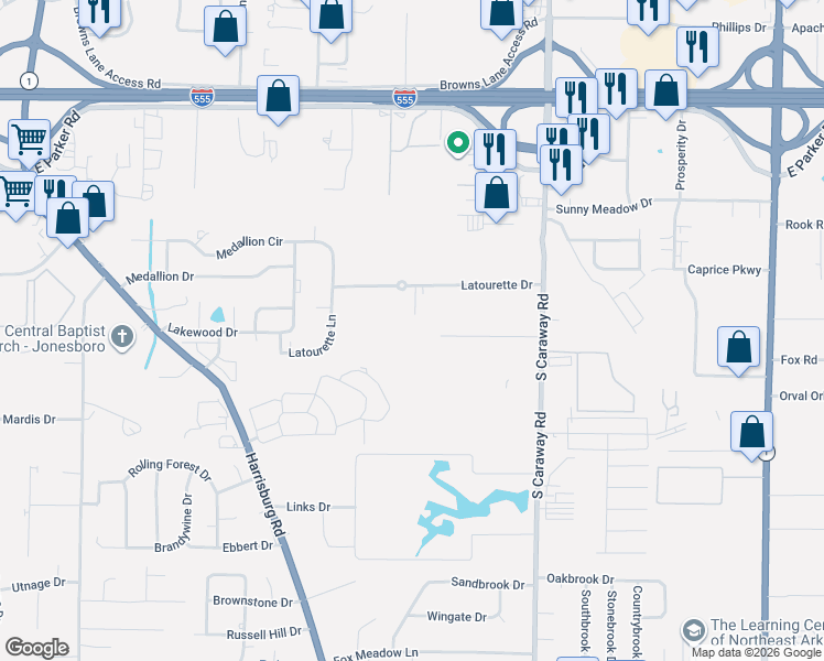 map of restaurants, bars, coffee shops, grocery stores, and more near 3409 Gateway Cove in Jonesboro