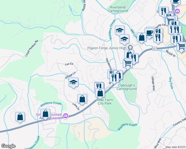 map of restaurants, bars, coffee shops, grocery stores, and more near 2628 Laurel Crest Lane in Pigeon Forge