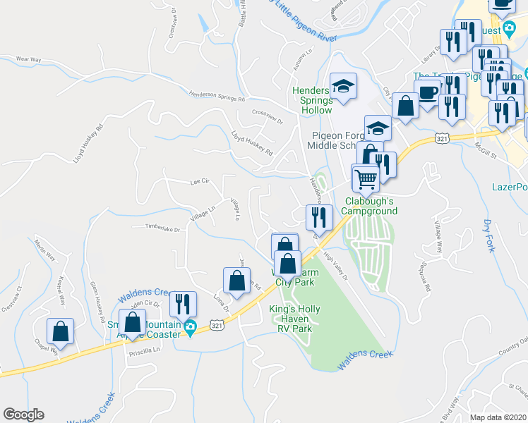 map of restaurants, bars, coffee shops, grocery stores, and more near 2628 Laurel Crest Lane in Pigeon Forge