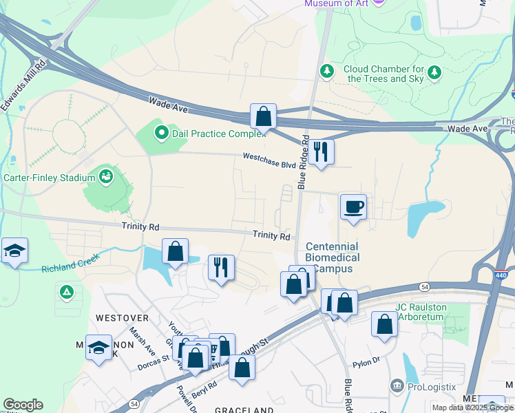 map of restaurants, bars, coffee shops, grocery stores, and more near 4110 Trinity Rd in Raleigh