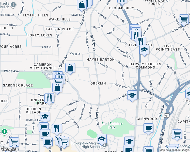 map of restaurants, bars, coffee shops, grocery stores, and more near 1619 Saint Marys Street in Raleigh