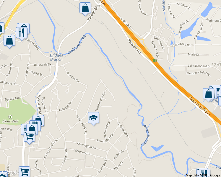 map of restaurants, bars, coffee shops, grocery stores, and more near 1638 North King Charles Road in Raleigh