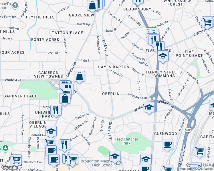 map of restaurants, bars, coffee shops, grocery stores, and more near 1619 Saint Marys Street in Raleigh