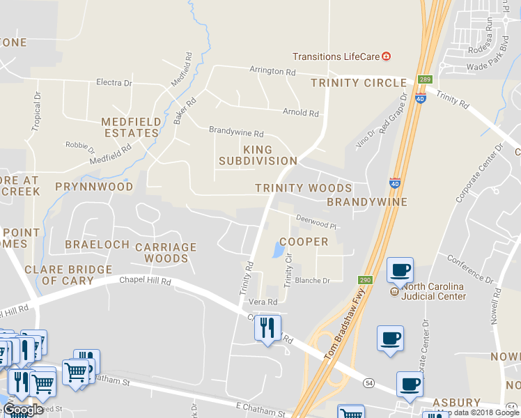 map of restaurants, bars, coffee shops, grocery stores, and more near 1431 Trinity Road in Raleigh