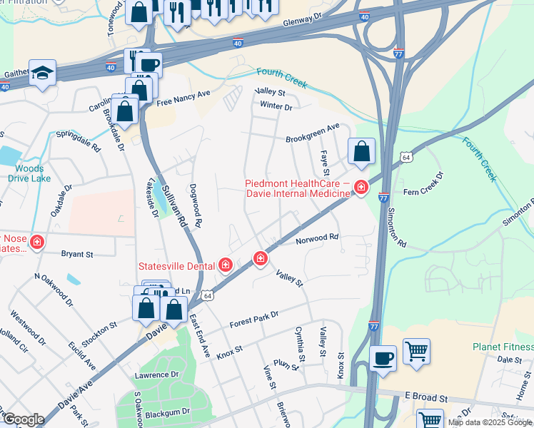 map of restaurants, bars, coffee shops, grocery stores, and more near 1410 Olive Court in Statesville