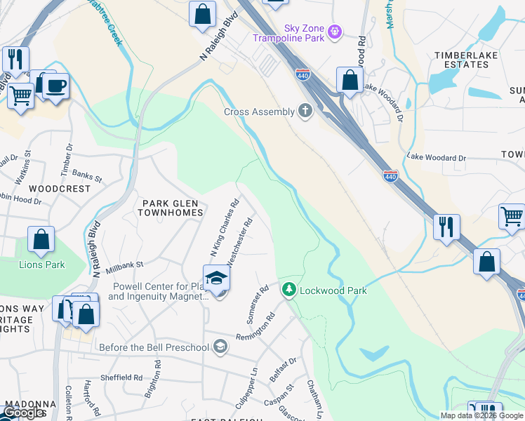 map of restaurants, bars, coffee shops, grocery stores, and more near 1638 North King Charles Road in Raleigh