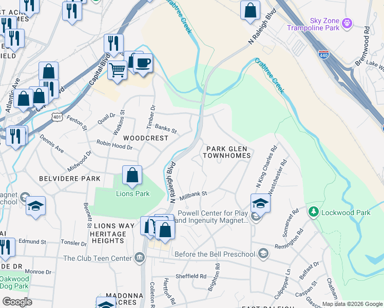 map of restaurants, bars, coffee shops, grocery stores, and more near 1341 Park Glen Drive in Raleigh
