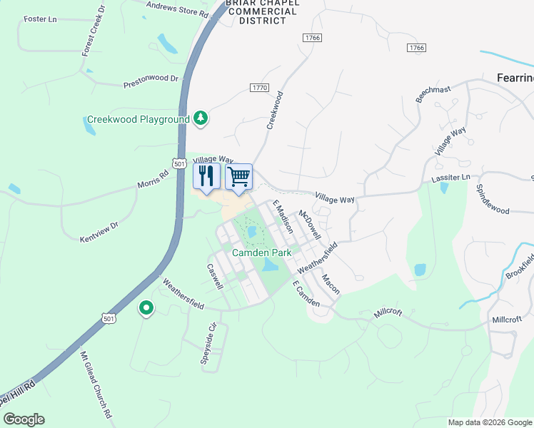 map of restaurants, bars, coffee shops, grocery stores, and more near 5 East Camden in Pittsboro