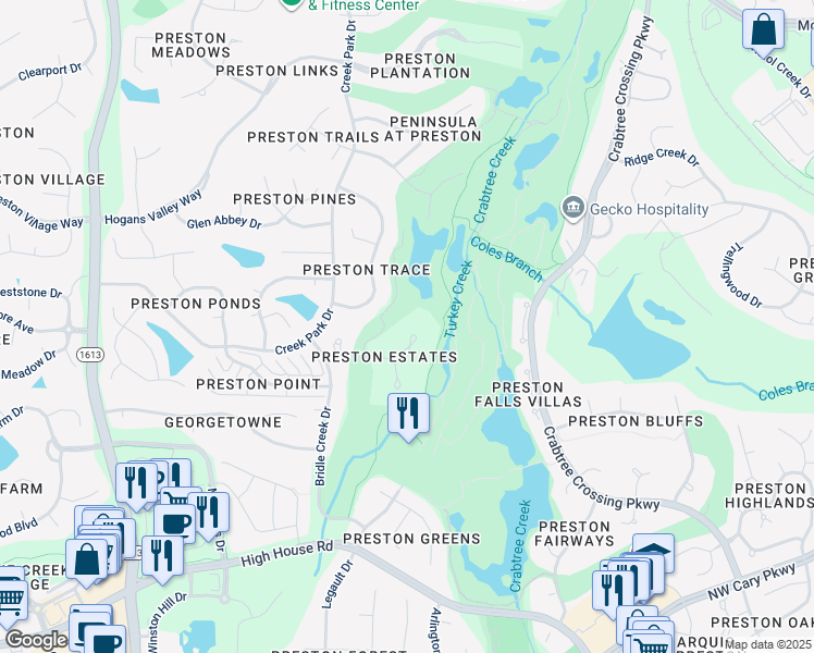map of restaurants, bars, coffee shops, grocery stores, and more near 105 Fairway Valley Court in Cary