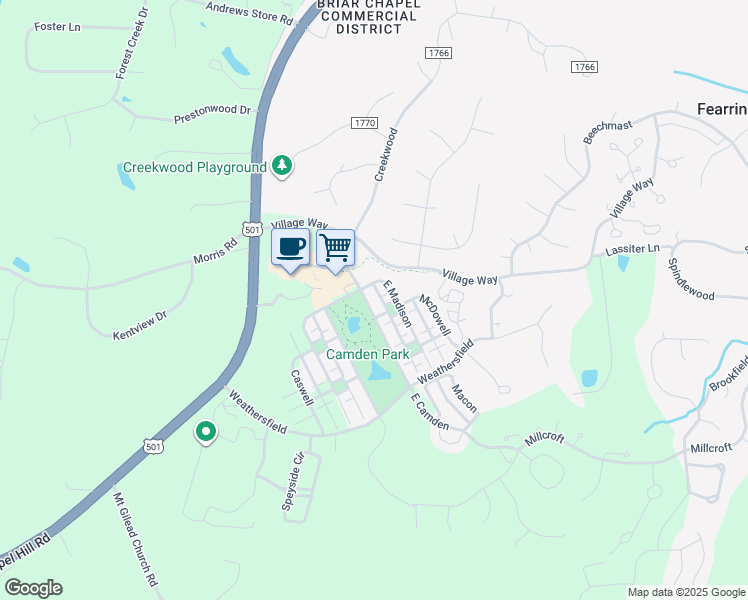 map of restaurants, bars, coffee shops, grocery stores, and more near 5 East Camden in Pittsboro