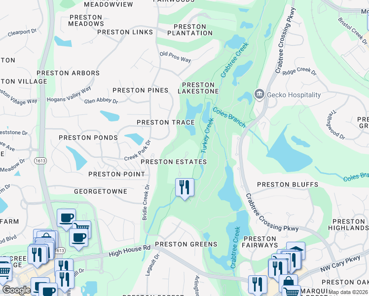 map of restaurants, bars, coffee shops, grocery stores, and more near 105 Fairway Valley Court in Cary
