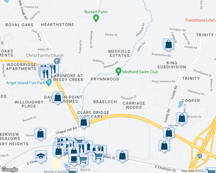 map of restaurants, bars, coffee shops, grocery stores, and more near 401 Fincastle Drive in Cary