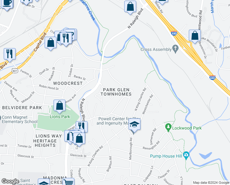 map of restaurants, bars, coffee shops, grocery stores, and more near 817 Dalewood Drive in Raleigh