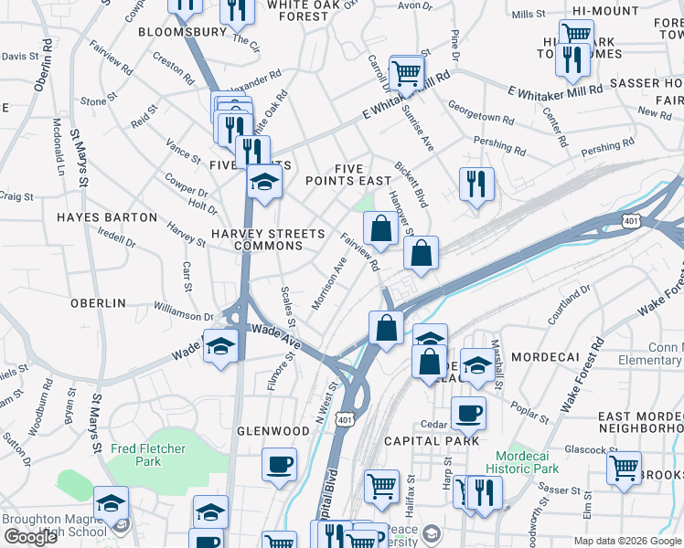 map of restaurants, bars, coffee shops, grocery stores, and more near 314 Morrison Avenue in Raleigh