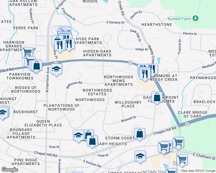 map of restaurants, bars, coffee shops, grocery stores, and more near 224 Coconut Mews in Cary