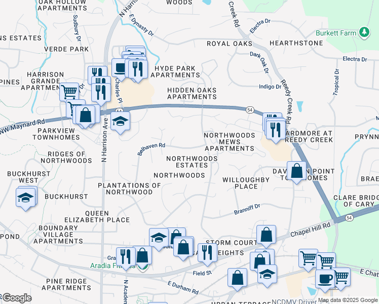 map of restaurants, bars, coffee shops, grocery stores, and more near 1211 Belhaven Road in Cary