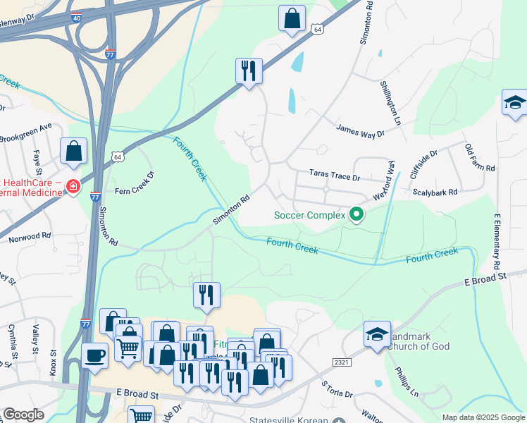 map of restaurants, bars, coffee shops, grocery stores, and more near 1887 Simonton Road in Statesville