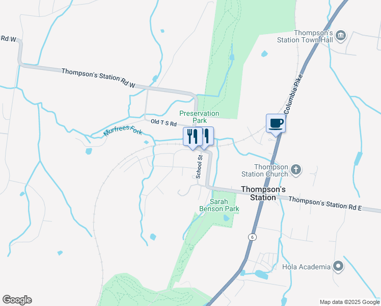 map of restaurants, bars, coffee shops, grocery stores, and more near 1565 Thompson's Station Road West in Thompson's Station