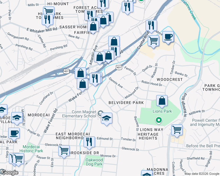 map of restaurants, bars, coffee shops, grocery stores, and more near 112 Dennis Avenue in Raleigh