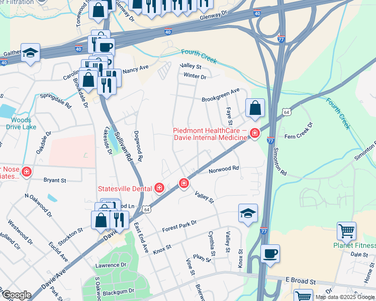map of restaurants, bars, coffee shops, grocery stores, and more near 1410 Olive Court in Statesville