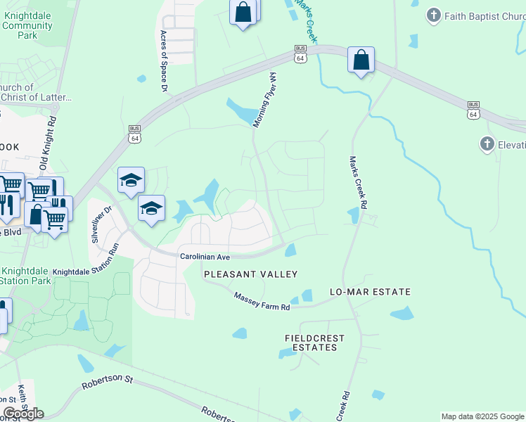 map of restaurants, bars, coffee shops, grocery stores, and more near 425 Hawkeye Drive in Knightdale