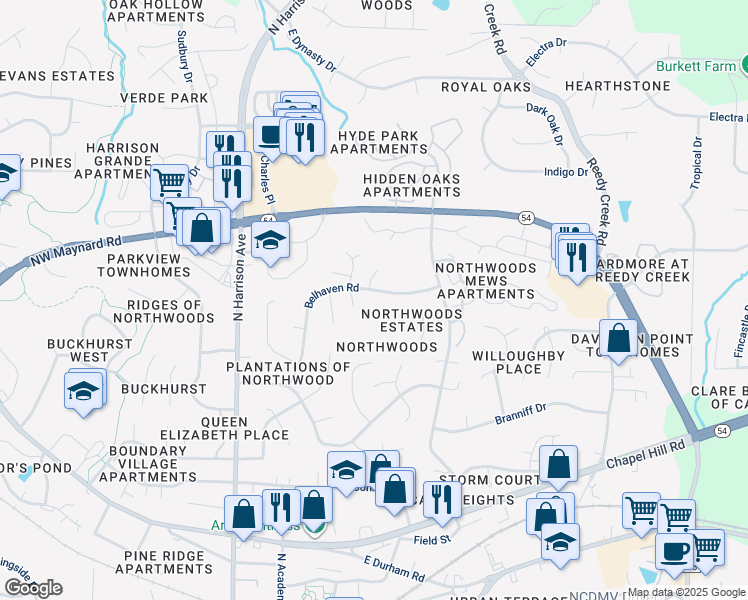 map of restaurants, bars, coffee shops, grocery stores, and more near 1106 Belhaven Road in Cary