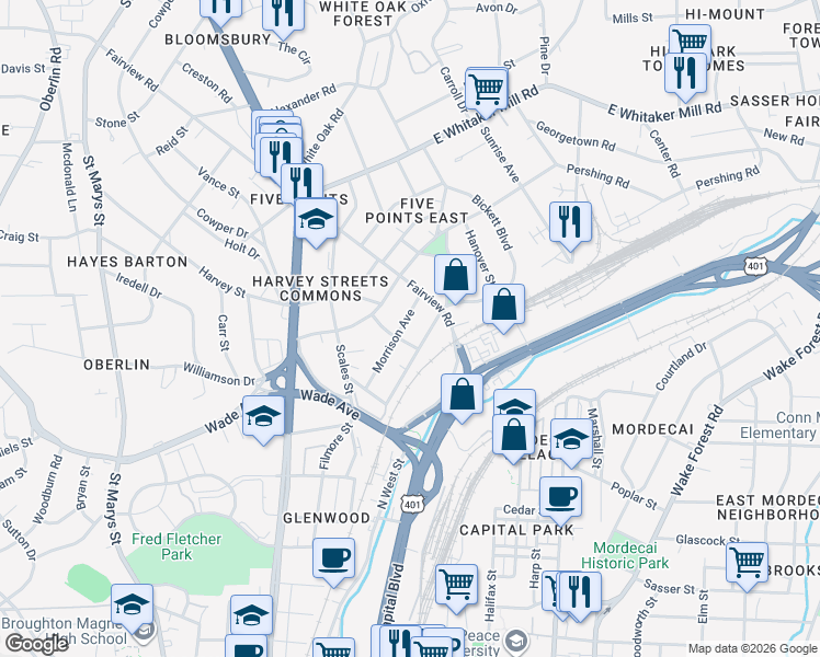 map of restaurants, bars, coffee shops, grocery stores, and more near 314 Morrison Avenue in Raleigh