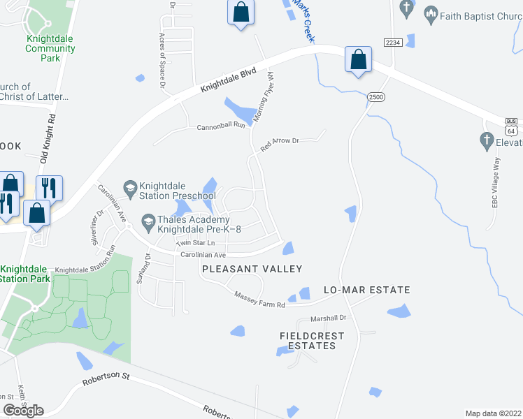 map of restaurants, bars, coffee shops, grocery stores, and more near 425 Hawkeye Drive in Knightdale