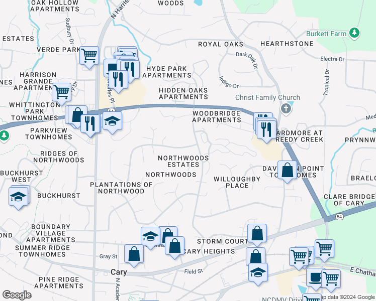 map of restaurants, bars, coffee shops, grocery stores, and more near 1210 Belhaven Road in Cary