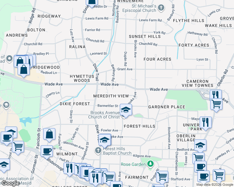 map of restaurants, bars, coffee shops, grocery stores, and more near 2923 Wade Avenue in Raleigh