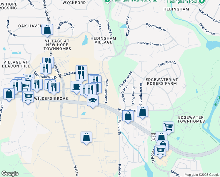 map of restaurants, bars, coffee shops, grocery stores, and more near 1500-1566 Hedingham Blvd in Raleigh
