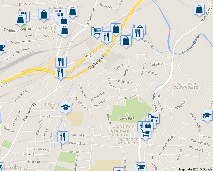 map of restaurants, bars, coffee shops, grocery stores, and more near 214 Robin Hood Drive in Raleigh